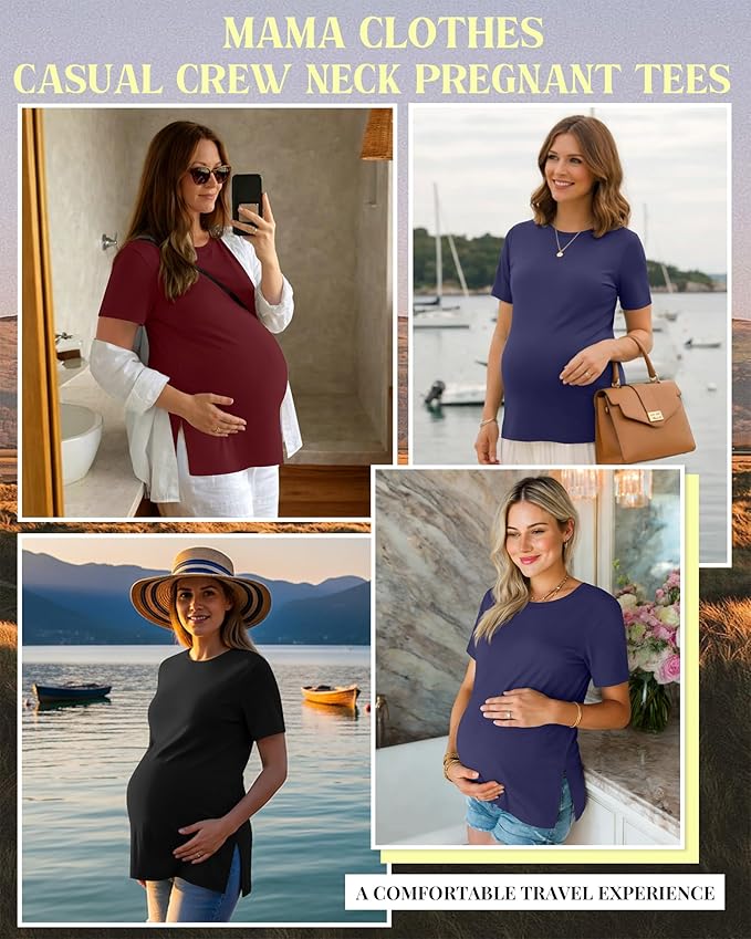 Ficerd 3 Pack Women's Maternity T Shirts, Short Sleeve Side Split Pregnancy Tops Casual Crew Neck Pregnant Tees Mama Clothes