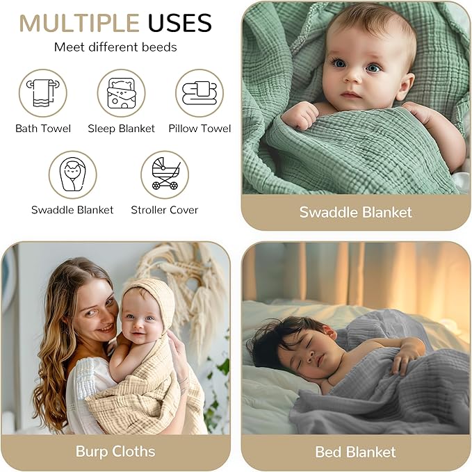 Muslin Hooded Baby Towels, 3 Pack Cotton Baby Bath Towels with Hood for Newborn, Babies, Infant, Toddler, Soft and Absorbent Baby Shower Towel Newborn Essential (35 X 35 Inch) (Green + Grey + Apricot)