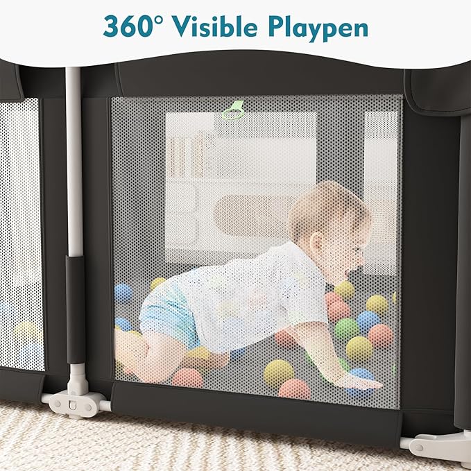 Foldable Playpen for Babies and Toddlers, 51" Portable Play Pen with Mat and Ocean Balls, Play Yard with with Visible Mesh for Inddor and Outdoor, No Assembly Required, Black