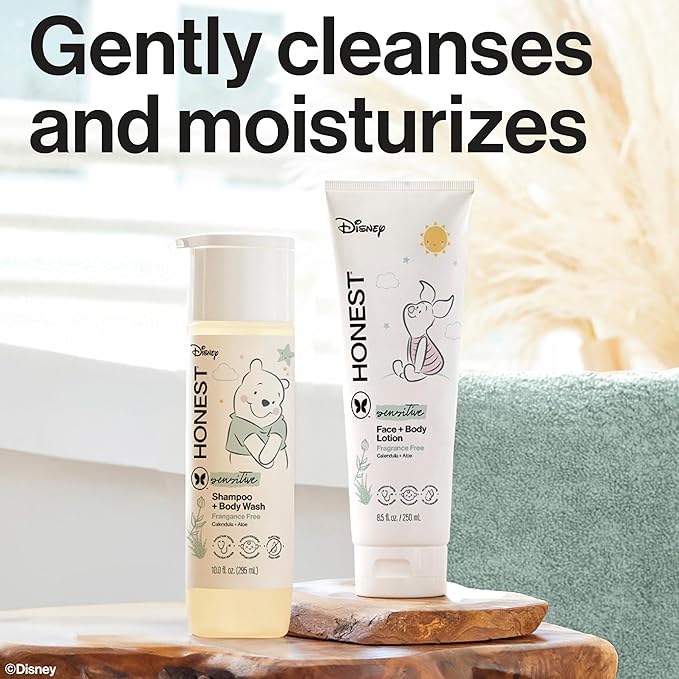 The Honest Company 2-in-1 Cleansing Shampoo and Body Wash, Face Lotion Bundle, Disney Design, Gentle for Baby, Dermatologist Tested, Sensitive Fragrance-Free, 18.5 fl oz