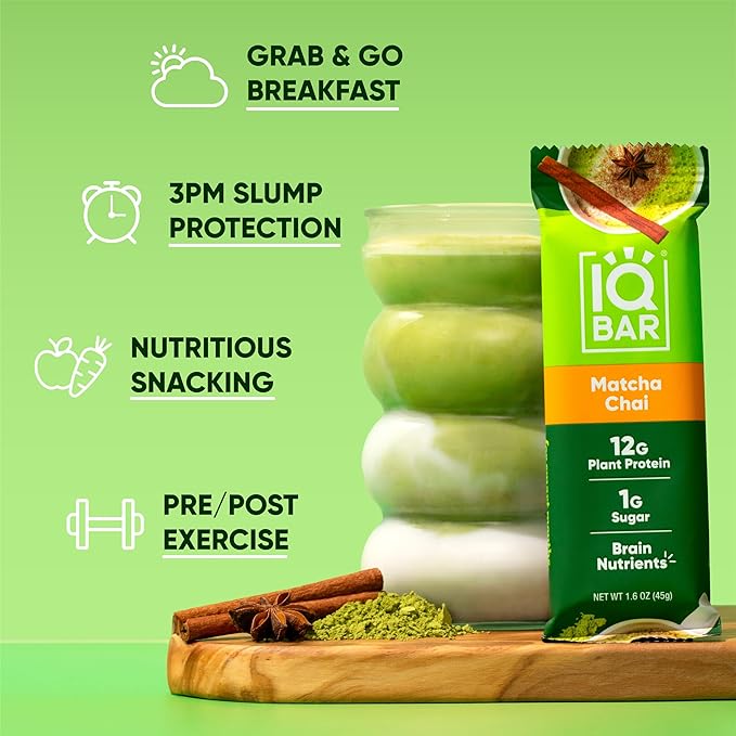 IQBAR Brain and Body Clean Plant Protein Bars - Matcha Chai - 12 Bars - Keto, Vegan, High Fiber, Gluten and Dairy Free, Low Sugar Snack with Nutrients for Focus, Energy, Meal Replacement