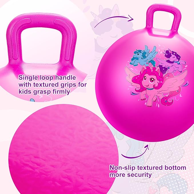 ZOOJOY Hopper Ball for Kids, 18 Inch Bouncy Ball with Handle, Pink Unicorn Girls Toys for Indoor Outdoor Acitve Play with Pump, Best Inflatable Balance Toys for Girls Boys Gifts 3 4 5 6 7 8 Years Old