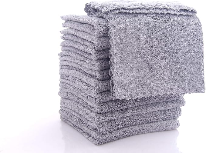 Soft 12 Pack Baby Washcloths - Extra Absorbent Wash Clothes for Newborns, Infants and Toddlers - Suitable for Baby Skin and New Born - Microfiber Coral Fleece 12x12 Inches (Grey)