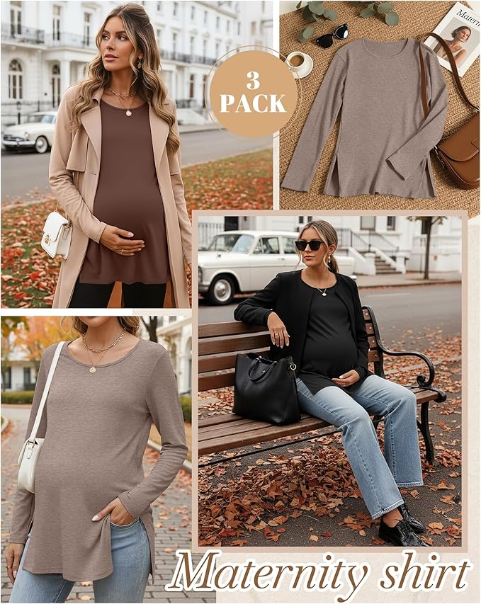 Riyiper 3 Pack Women's Maternity Long Sleeve T-Shirts Round Neck Side Split Tops Loose Casual Pregnancy Mama Clothes Fall