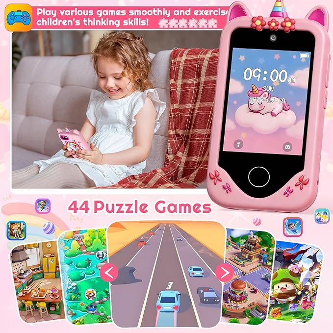 Kids Smart Phone for Girls, Touchscreen, 64GB Card Birthday Gifts for Girls Age 3, 4, 5, 6, 7, 8, 10 Year Old, Toddler Educational Learning Toys Phone with Dual Camera, Game, Music Player