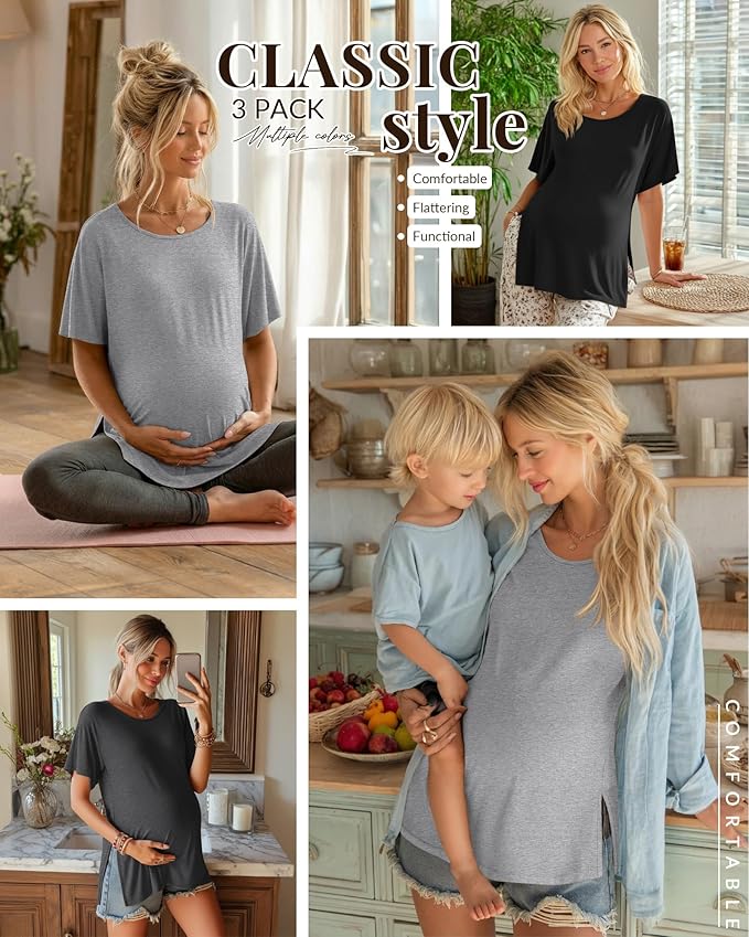 Riyiper 3 Pack Women's Maternity Tunic Shirts Cotton Summer Pregnancy Clothes Loose Oversized Split Side Blouse Tops