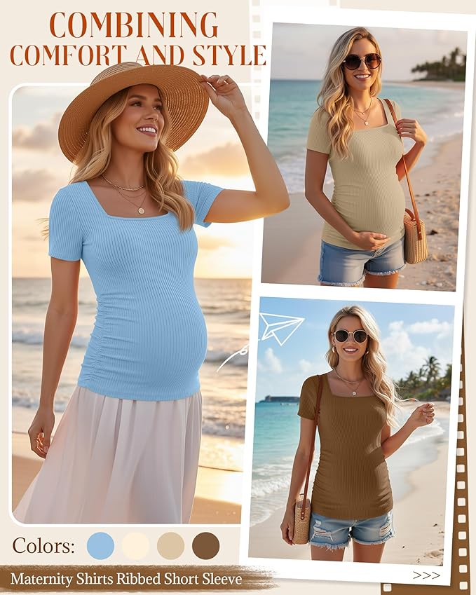Huukeay 4 Pack Women's Maternity Shirts Cotton Ribbed Short Sleeve Square Neck Pregnancy Tops Side Ruched Summer Tee