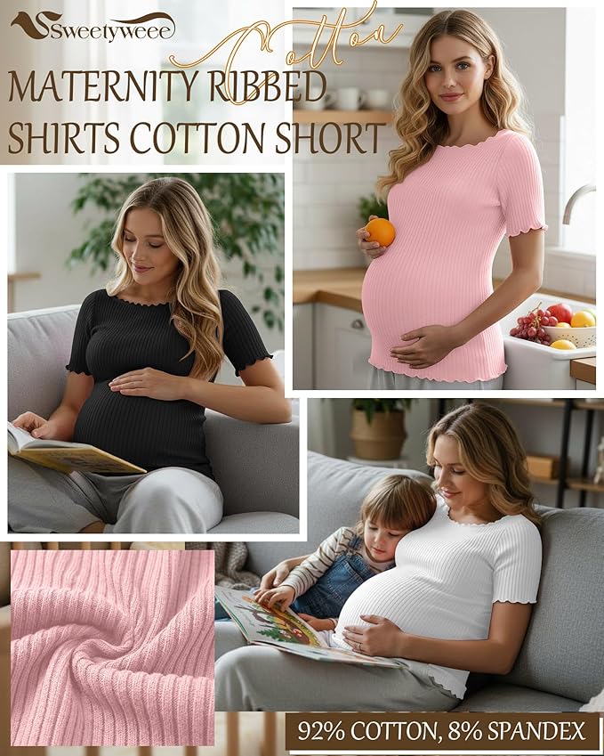3 Pack Women's Maternity Ribbed Shirts Cotton Short Sleeve Pregnancy Tops Boat Neck Lettuce Trim Mama Clothes
