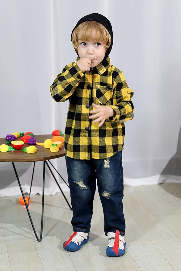 YOUNGER STAR Toddler Kids Boys Girls Flannel Hooded Plaid Shirt Button Baby Red Clothes