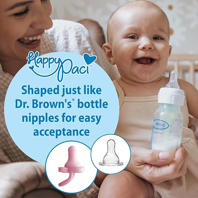 Dr. Brown's HappyPaci 100% Silicone Baby Pacifier, Contoured One-Piece Design, Light-Pink, Pink, White, 0-6m, BPA-Free, 4-Pack