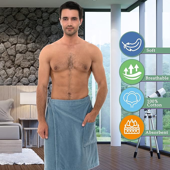 TowelSelections Mens Cotton Shower Wrap Adjustable Terry Velour Spa Bath Towel Wrap Sauna Gym Towels for Men