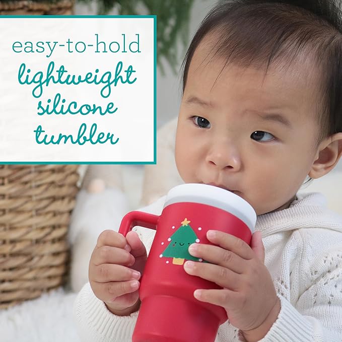 Infantino My 1st Tumbler Christmas Edition, Silicone Sippy Cup with Straw & Handle, Spill-Resistant Baby Cup for On-the-Go, BPA-Free Transition Cup, Christmas Tree