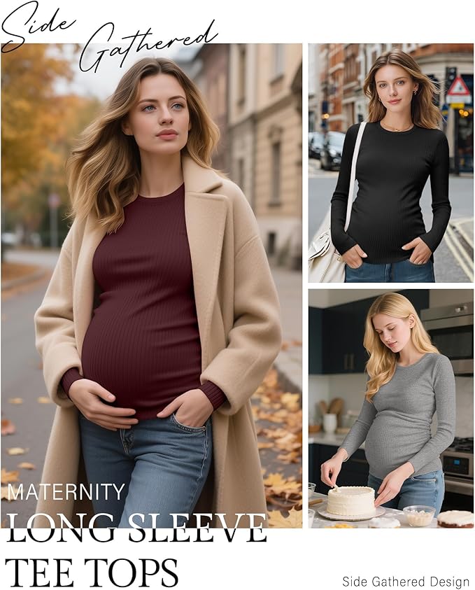 Ficerd 4 Pack Women's Maternity Shirts Cotton Long Sleeve Ribbed Crew Neck Pregnancy Tops Side Ruched Casual Mama Clothes