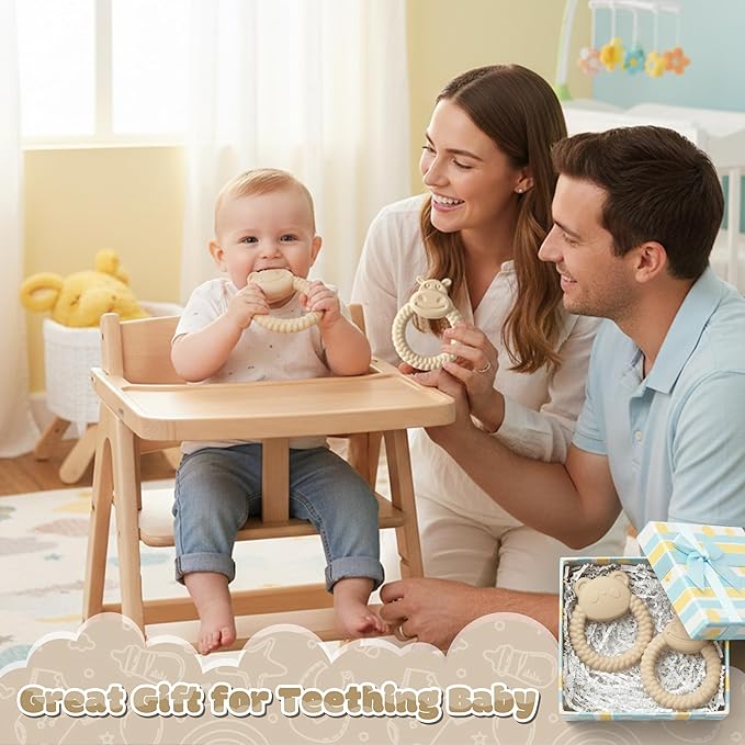 Silicone Teething Toy for Babies - 2ooya 2Pcs Bear Animal Theme Teething Ring Relief Chew Toy Infant Sore Gums Pain Soft Food Grade Silicone Teethers for Toddler 6-12 Months Birthday Baby Shower