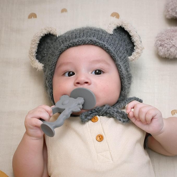 Moonkie Teething Toy Set of 2, Safe & Easy to Hold BPA Free Silicone Teethers, 360° Baby Toothbrush with Suction Base, Teether Toys Best for Babies 6-12 Months (Koala Blush/Shifting Sand)