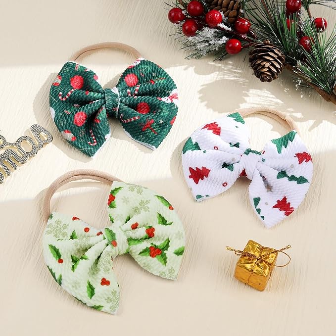 Christmas Baby Headbands, Santa Printed Elastic Nylon Hairbands in Red, White, Green for Newborn and Infant Girls, 3 Pcs (Christmas-A)