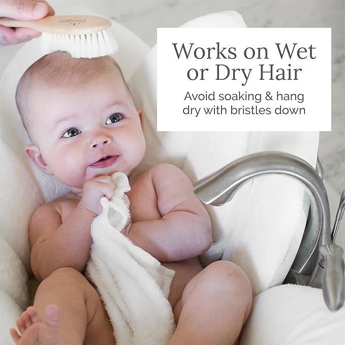 Natemia Wooden Baby Hair Brush - Natural Goat Hair Bristles - Gentle Soft Bristles for Scalp Massage - Cradle Cap Comb for Flake Removal - For Baby Grooming Kit & Toddler Hair Brush
