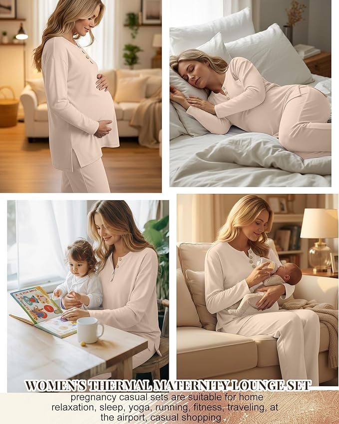 2 Piece Thermal Maternity Lounge Set Postpartum Pregnancy Fleece Loungewear Long Sleeve Top and Wide Leg Pant