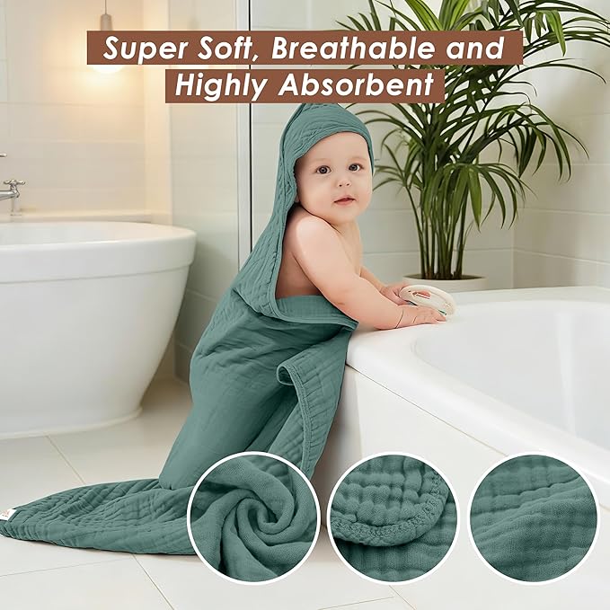 3-Pack Muslin Hooded Baby Towels, 100% Cotton, Ultra-Soft & Absorbent Baby Bath Towels with Hood for Babies, Infant, Toddler and Newbron (Emerald Series,32" x 32")