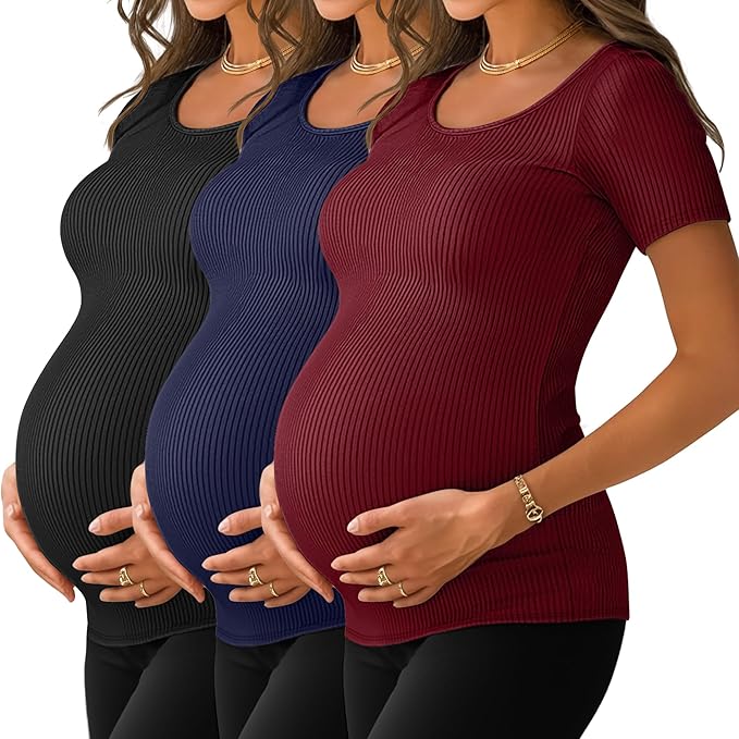 Neer 3 Pack Women's Ribbed Maternity Tops Pregnancy Round Neck Shirts Short Sleeve Soft Maternity Clothes for Mama