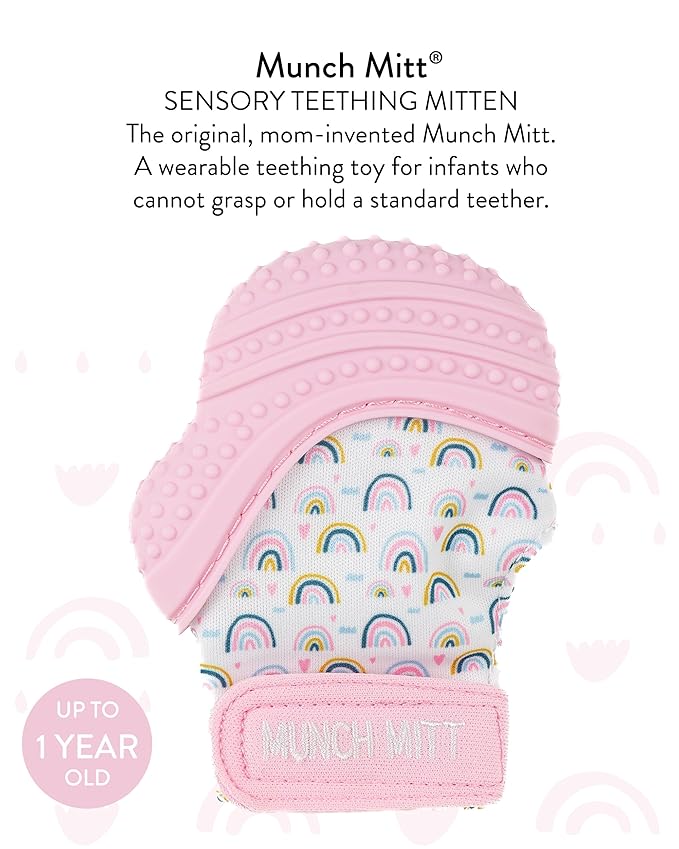 Malarkey Kids Patented Teething Mitten, Munch Mitt Baby Chew Toy - Protects Hands from Chewing & Saliva, Heals Aching Gums, Promotes Sound & Visual Stimulation for Babies - Pink Rainbow