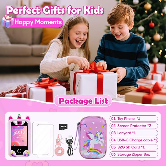 Kids Phone for Girl Toys, Christmas Birthday Gift for Girls Age 3-10, Toddler Learning Toys Phones, 2.8" Touchscreen Kids Smart Phone with Dual Camera, Game, MP3 Player, 32GB Card & Unicorn Bag Pink