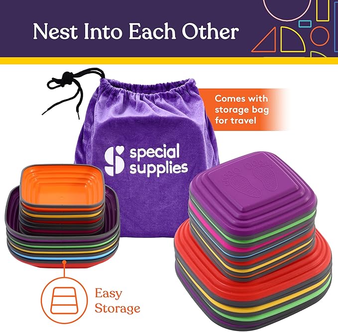 Special Supplies Stepping Stones for Kids Indoor and Outdoor Balance Blocks Promote Coordination, Balance, Strength Child Safe Rubber, Non-Slip Edging (Multi-Color, 12)