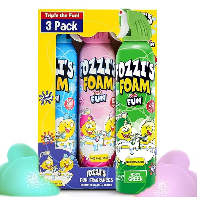 FOZZI'S Mixed Bath Foam Soap for Kids (3 Pack) - Fun Aerosol Spray - Squishy Bubble Soap for Playtime - Gentle Cleanser Foaming Body Wash - Safe Bath Fun for Everyday Wash