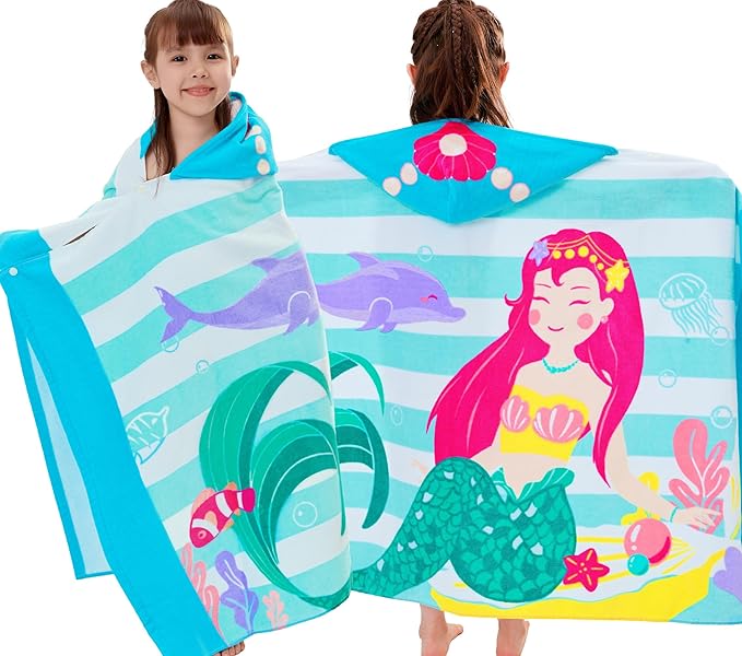 VOOVA & MOVAS Toddler Bath Towels Age 3-8, 30''X50,100% Cotton | Soft | Thick, Hooded Towel for Kids Girls, Perfect for Beach, Pool, Bath,Swim, Stripe Mermaid