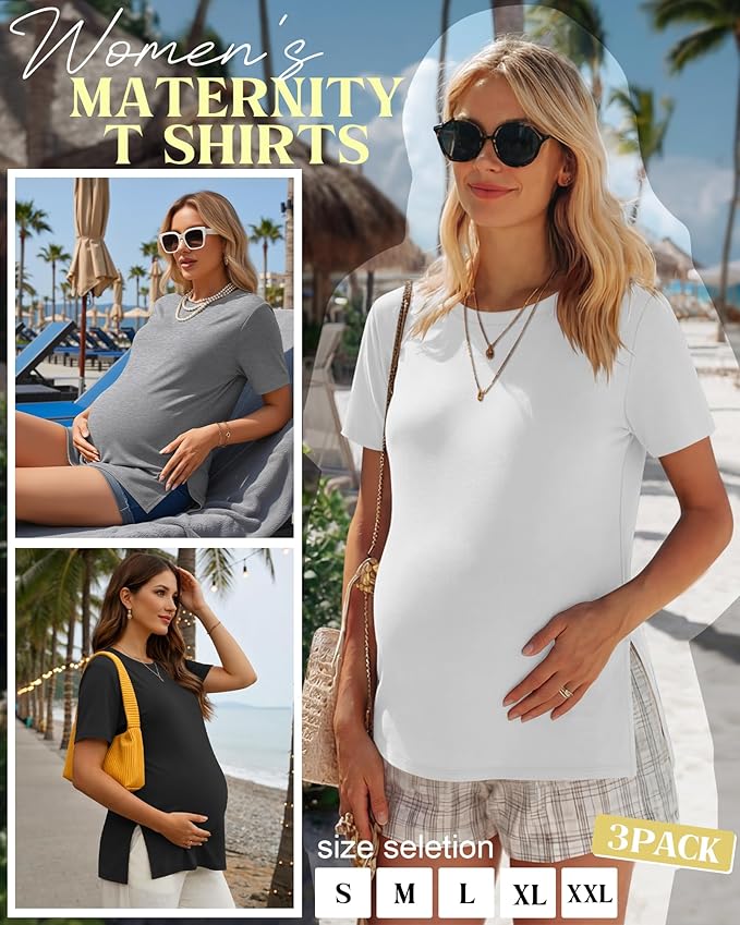 Ficerd 3 Pack Women's Maternity T Shirts, Short Sleeve Side Split Pregnancy Tops Casual Crew Neck Pregnant Tees Mama Clothes