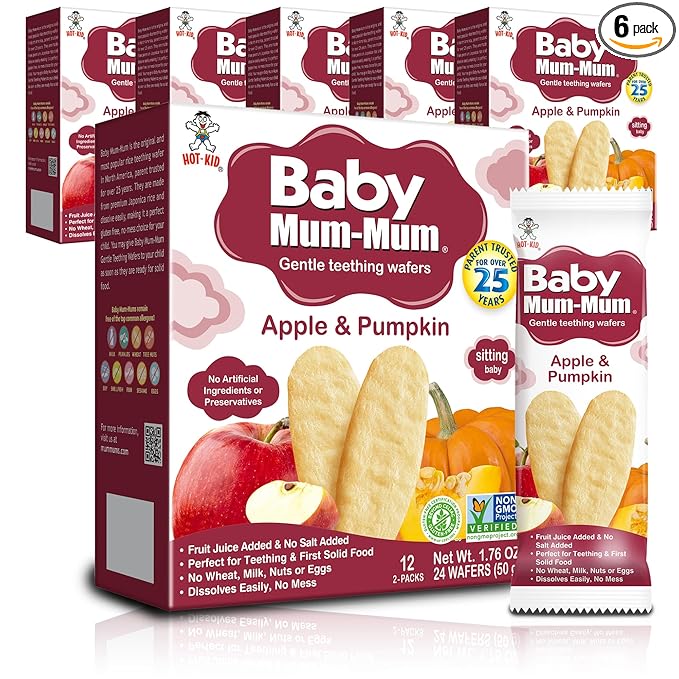 Hot-Kid Baby Mum-Mum Rice Rusks, Apple & Pumpkin, 24 Pieces (Pack of 6) Gluten Free, Allergen Free, Non-GMO, Rice Teether Cookie for Teething Infants