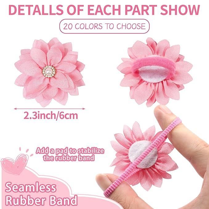 40Pcs Baby Chiffon Flower Hair Ties for Toddler Girls - 2.2 Inch Handmade Pearl Rhinestone Chiffon Flower Soft Elastics Ponytail Holders for Newborns to Kids