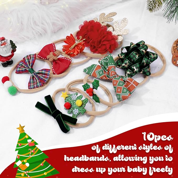 Chirstmas Baby Girls Bows Headbands, 10 Pcs Red Green Antlers Elastic Nylon Hairbands, Xmas Newborn Hair Bows Hair Accessories for Newborn Infant Toddler Kids