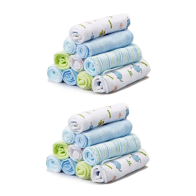 Spasilk Washcloth Wipes Set for Newborn Boys and Girls, Soft Terry Washcloth Set, Pack of 20, Blue Elephant