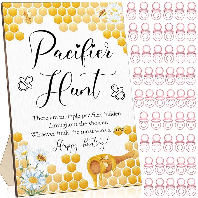 Roowest 51 Pcs Pacifier Hunt Baby Shower Games Include Wooden Hunt Sign and 50 Acrylic Mini Plastic Pacifiers for Baby Shower Game Decoration Gift Sets Gender Reveal Party Supplies