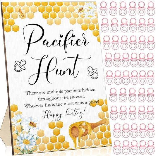 Roowest 51 Pcs Pacifier Hunt Baby Shower Games Include Wooden Hunt Sign and 50 Acrylic Mini Plastic Pacifiers for Baby Shower Game Decoration Gift Sets Gender Reveal Party Supplies