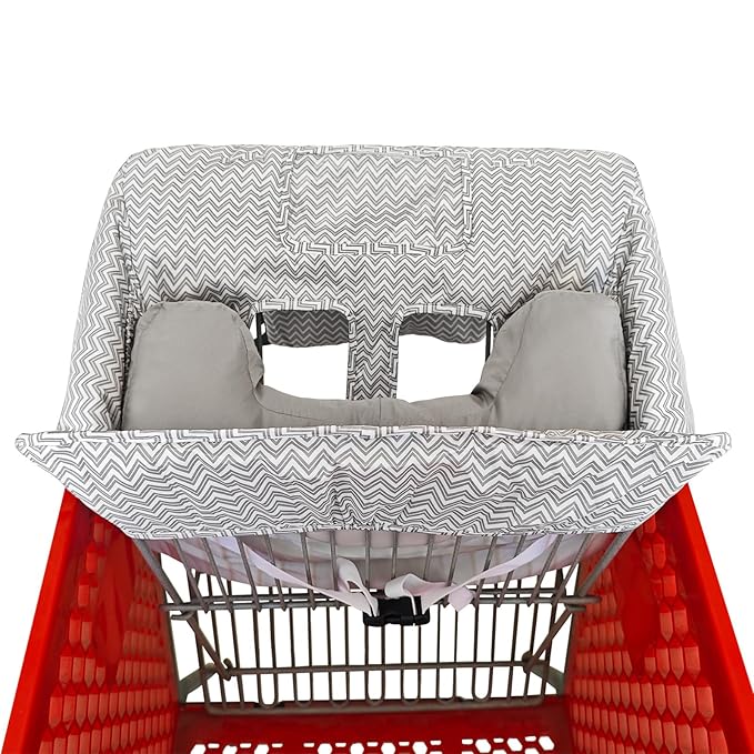 Love&go Soft Pillow Attached 2-in-1 Shopping Cart and High Chair Cover for Baby, Cotton Padded Cart Cover, Fold'n Roll Style, Portable with Carry Bag (Gray Chevron)