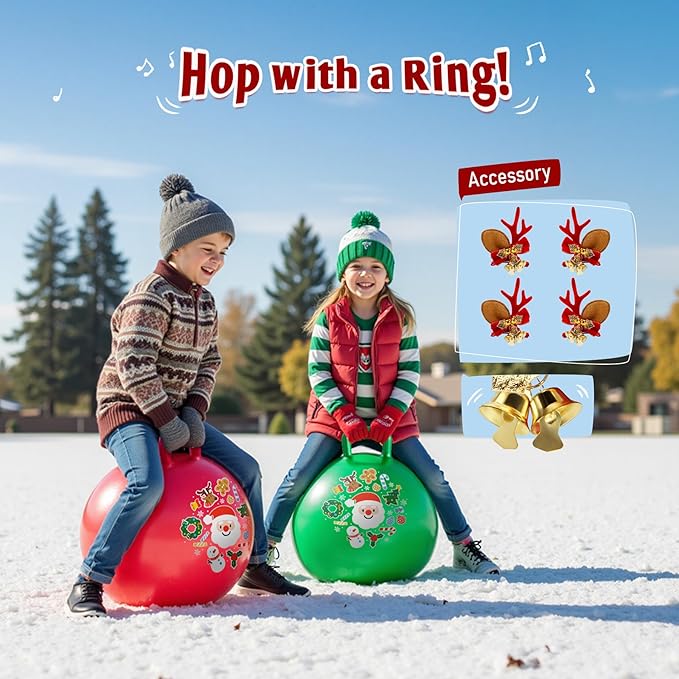 EVERICH TOY 2-Pack Hopper Ball for Kids 18In Sit On Bouncy Ball with Handle with Christmas Reindeer Ears, The Top Green & Red Christmas Boys Girls Gifts for 4 5 6 7 8 Yr Old Indoor Outdoor Active Play
