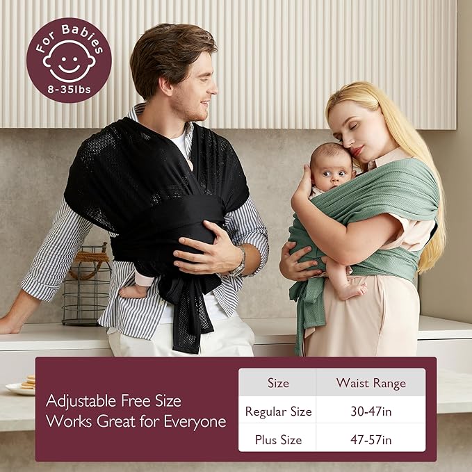 Momcozy Adjustable Buckle Baby Wrap Carrier Cooling Air-Mesh, Easy to Wear Baby Carrier Sling, Baby Carriers Newborn to Toddler 8-35lbs, Suit for Waist 47-57inch,Plus Size Grey Green