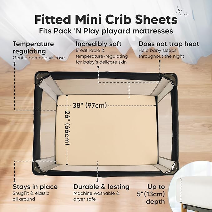 Pack and Play Sheets Fitted - 2-Pack Mini Crib Sheets for Pack N Play Mattress 38x26, Soft & Cozy, Neutral Toddler Playard Bedding, Snug Fitted Mini Baby Crib Mattress Cover Boy, Girl (Khaki)
