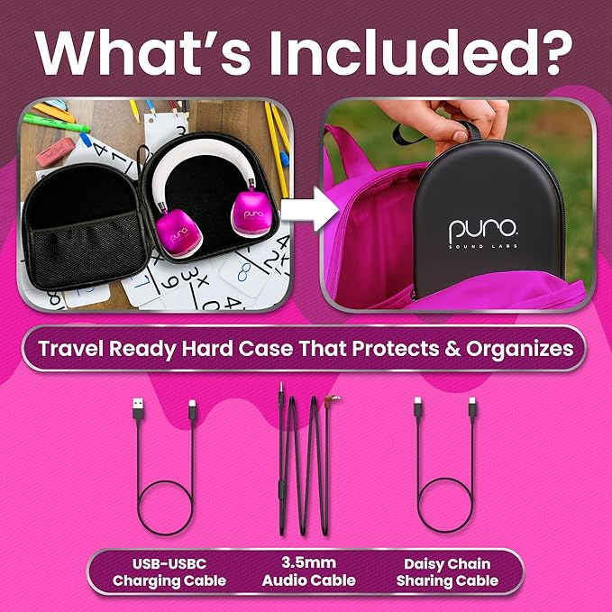 Puro Sound Labs Noise Cancelling Headphones for Kids - 85 dB Volume Limit, Built in Mic, 35-Hour Battery, Lightweight On Ear Design & Comfy Fit, Bluetooth Headphones for Kids – PuroQuiet Plus, Pink