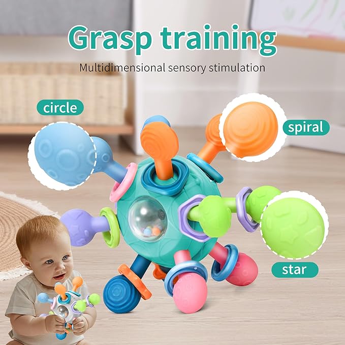 Baby Montessori Teething Toys for 0-6 6-12 Months Infant Teethers Sensory Toys for Babies 0 3 6 9 12 18 Months Learning Developmental Chew Rattle Toys Shower Gifts for 1 2 Year Old Girls Boys Yellow