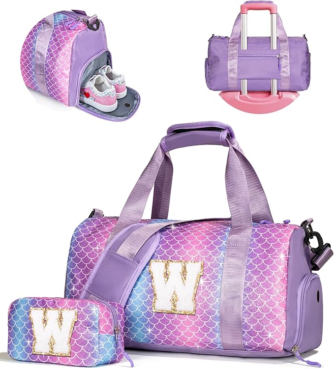 Girls Birthday Gifts Age 8-10-Girl Gym Bag with Shoe Compartment, Kid Personalized Weekender Overnight Bags, Initial Travel Tote with Makeup Pouch, Gift Ideas for Niece Sister (Letter W)