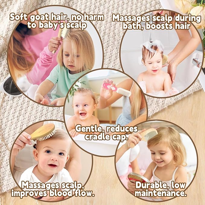 5PCS Baby Brush and Comb Set, Baby Hair Brush with Soft Goat Bristles, Cradle Cap Brush for Cradle Cap Care, Baby Care Essentials for Newborns, Toddlers, Girls and Boys