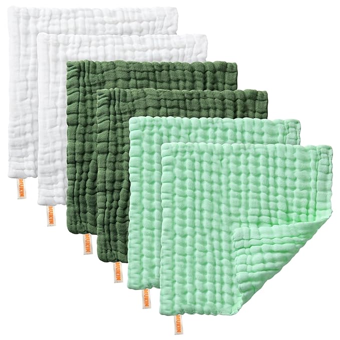 MUKIN Baby Washcloths - Soft Face Cloths for Newborn, Absorbent Bath Face Towels, Baby Wipes, Burp Cloths or Face Towels, Baby Registry as Shower. Pack of 6-12x12 inches (Green)