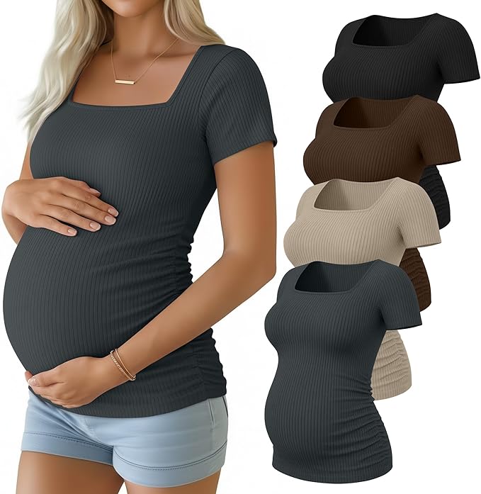 Huukeay 4 Pack Women's Maternity Shirts Cotton Ribbed Short Sleeve Square Neck Pregnancy Tops Side Ruched Summer Tee
