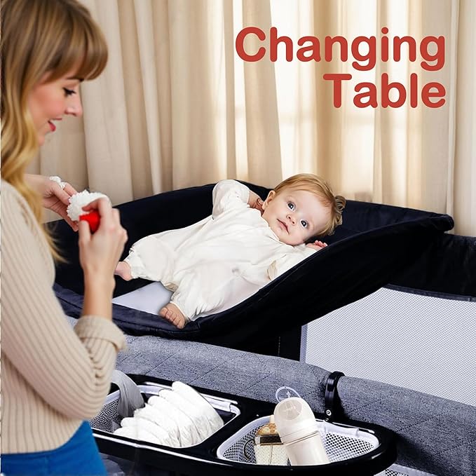4 in 1 Pack and Play, Multifunction Baby Bassinet Bedside Crib, Portable Baby Nursery Playard w/Changing Table, Storage Basket, One-Hand Folding Playpen for Newborn to Toddlers