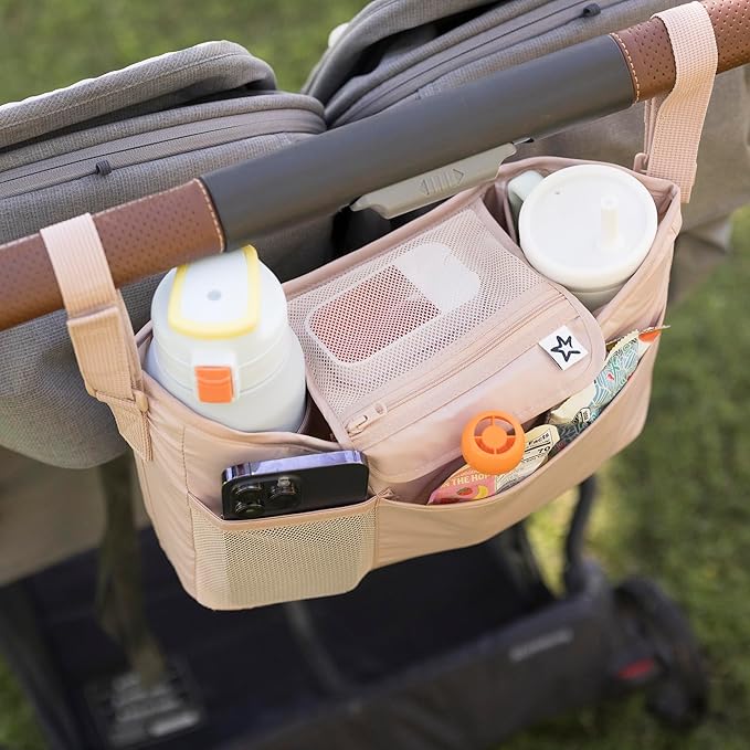 Tiny Twinkle Universal Stroller Organizer with Adjustable Strap | Waterproof Stroller Caddy Fits Baby Jogger, Nuna, Graco, Donna and Bugaboo Strollers (Beige Checkers