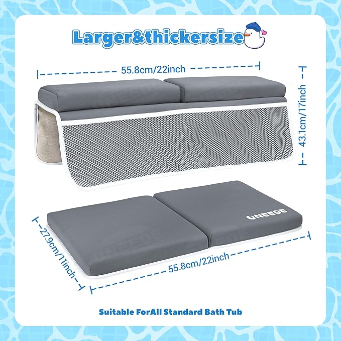 UNEEDE Baby Bath Kneeler and Elbow Rest Pad Set, 1.5” Thick Memory Foam Bath Kneeling Pad with Elbow Support, Bathtub Mat with Toy Organizer for Bathing Infant or Toddler, Grey