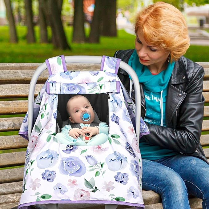 Baby Carseat Seat Cover Girls, Winter Carseat Canopy, Cozy & Warm Cover with Zipper Peep Windows, Infant Minky Carrier Cover, Soft Breathable, Baby Must Have, Purple Romantic